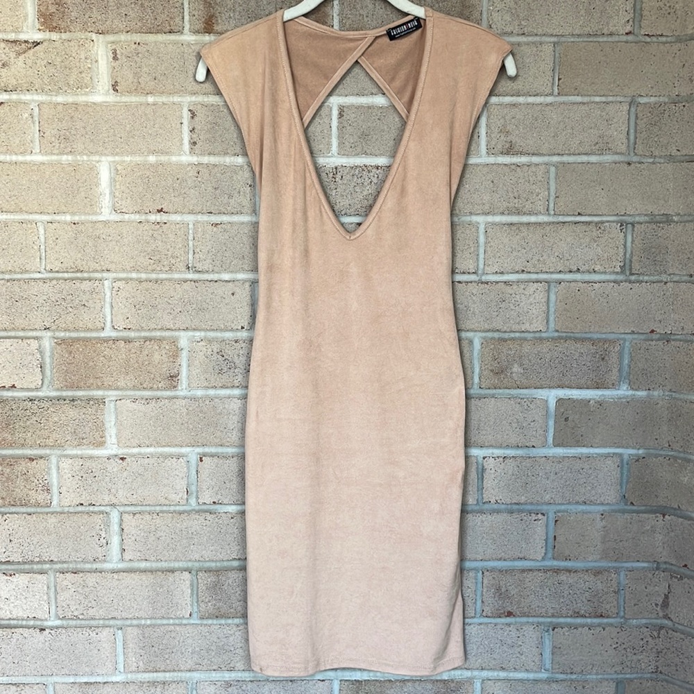 Tan Faux Suede Open Back Bodycon Midi Dress